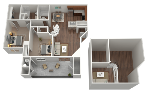 3D rendering of a 2 bed 2 bath loft apartment
